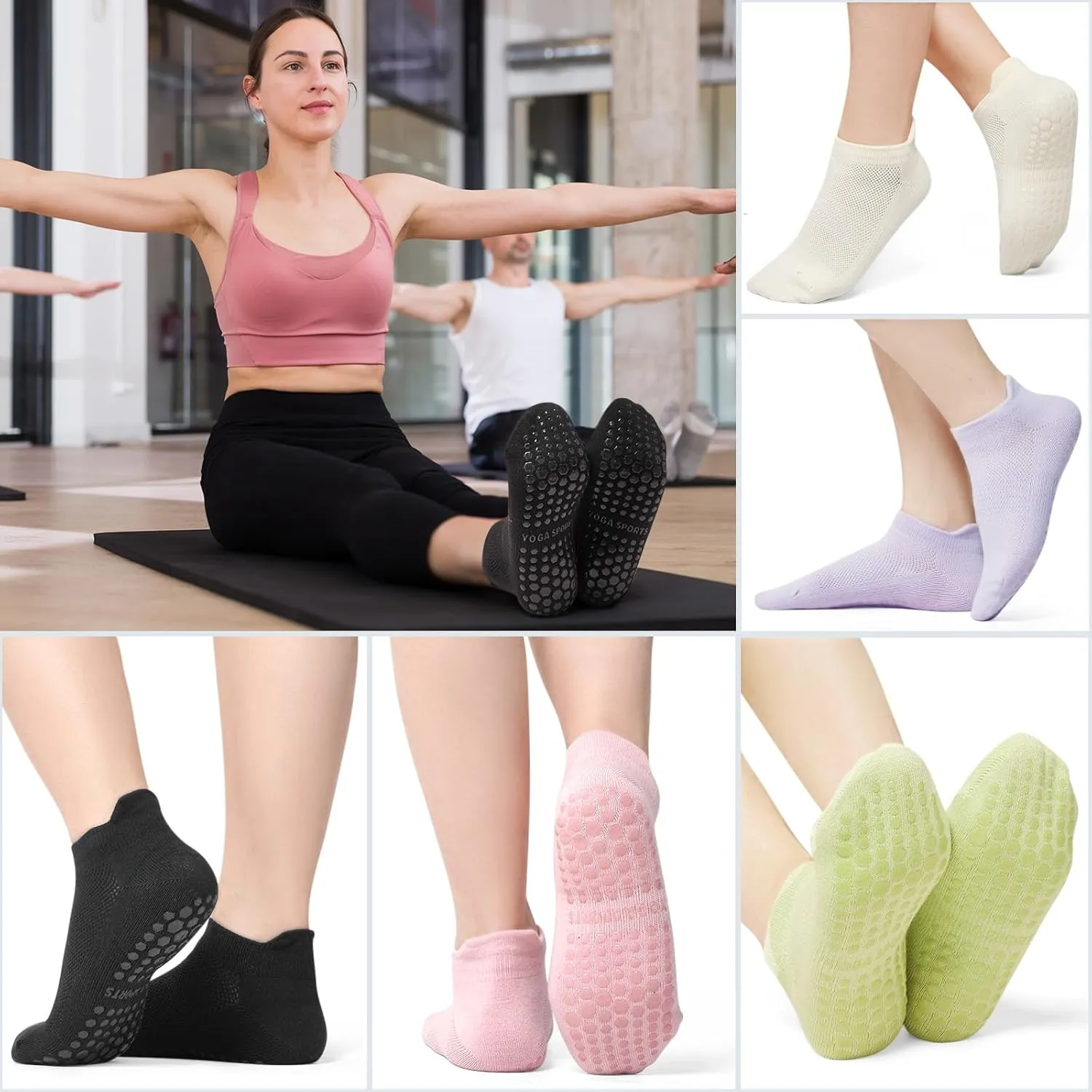 Toes Home Pilates Socks for Women, Ankle Grippy Socks for Yoga, Hospital, Barre Non Slip Workout Sticky Slipper Socks 5 Pairs