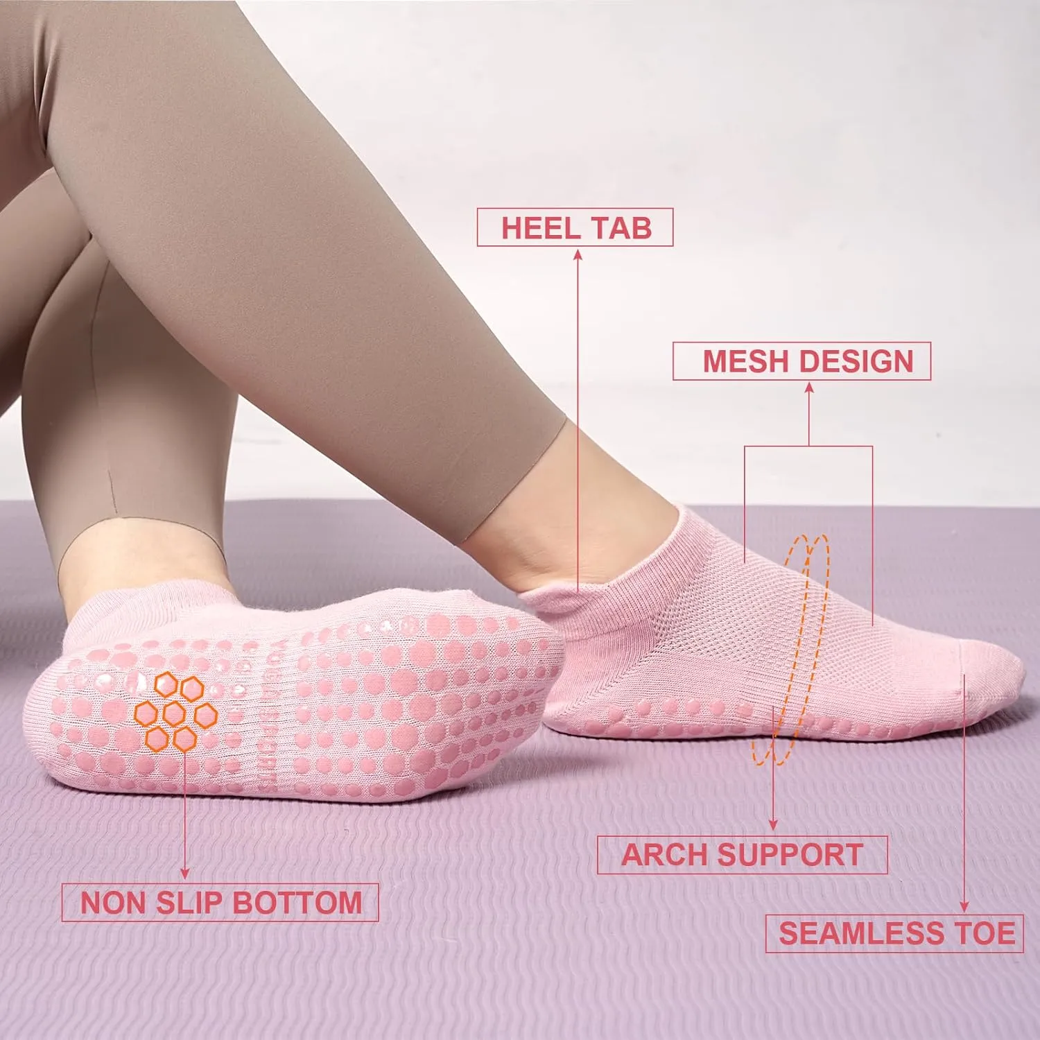 Toes Home Pilates Socks for Women, Ankle Grippy Socks for Yoga, Hospital, Barre Non Slip Workout Sticky Slipper Socks 5 Pairs