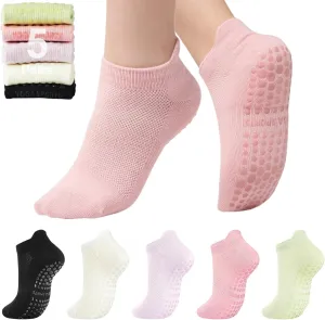 Toes Home Pilates Socks for Women, Ankle Grippy Socks for Yoga, Hospital, Barre Non Slip Workout Sticky Slipper Socks 5 Pairs