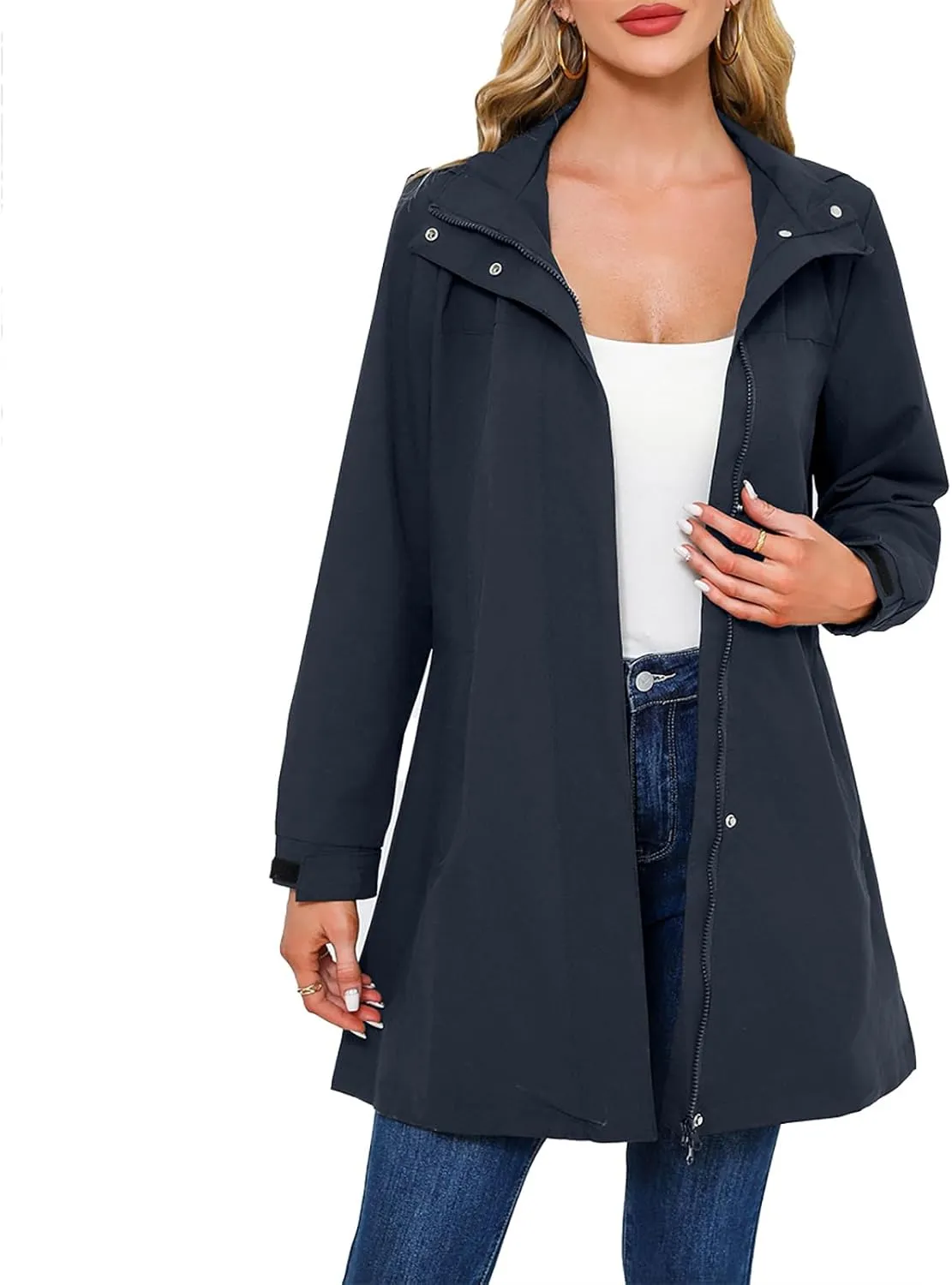Trench Coat Women Thin Long Sleeve Button Puffer Jackets Casual Loose Hooded Jacket with Pockets Outerwear
