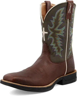 Twisted X Men's 11" Tech X Boot, Wide Square Toe with CellStretch and Tech X, Brown & Green, 8.5 D