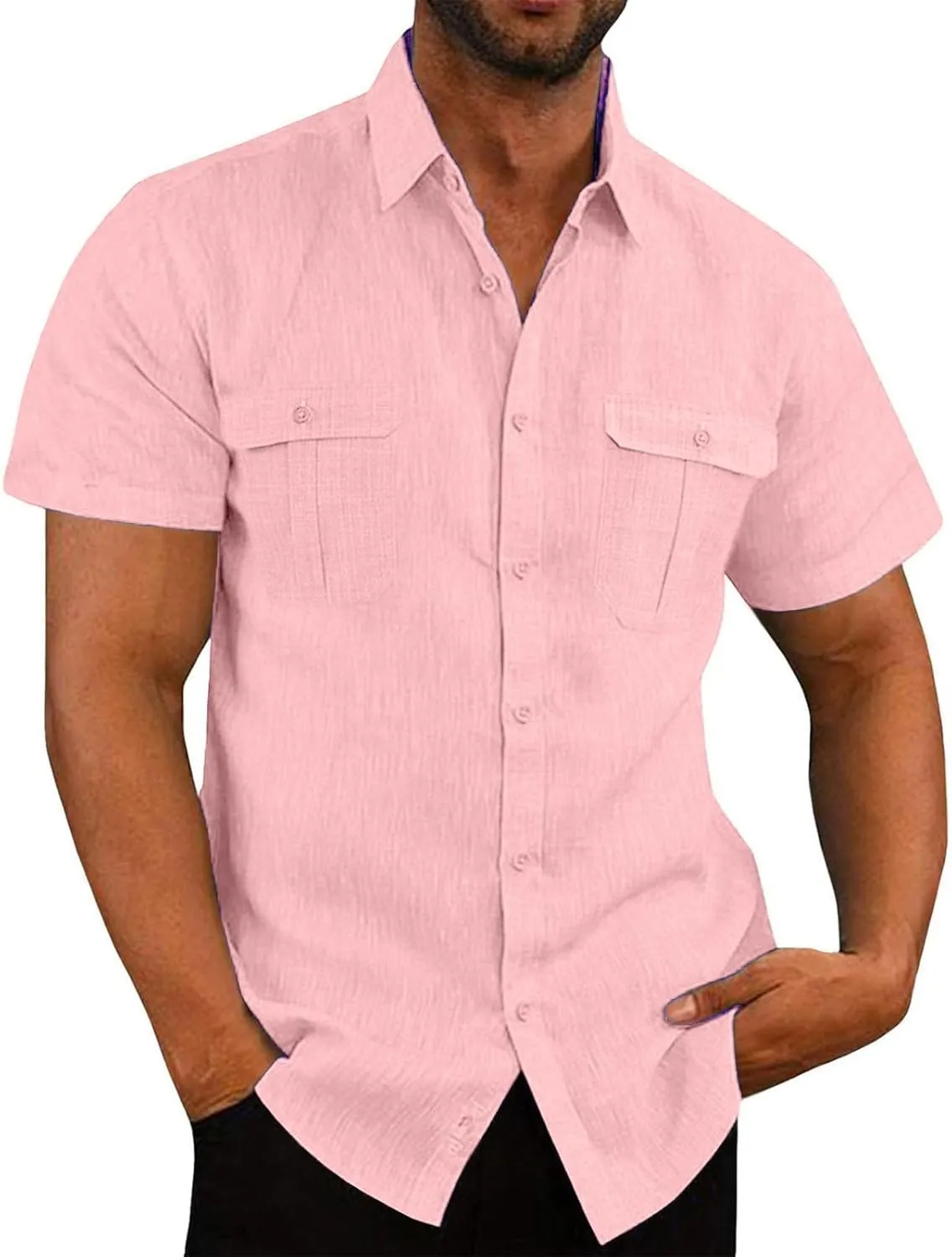 Uillui Mens Linen Shirts Short Sleeve Casual Fishing Shirts Classic Tees Button Dress Shirt Beach Summer Vacation Essentials
