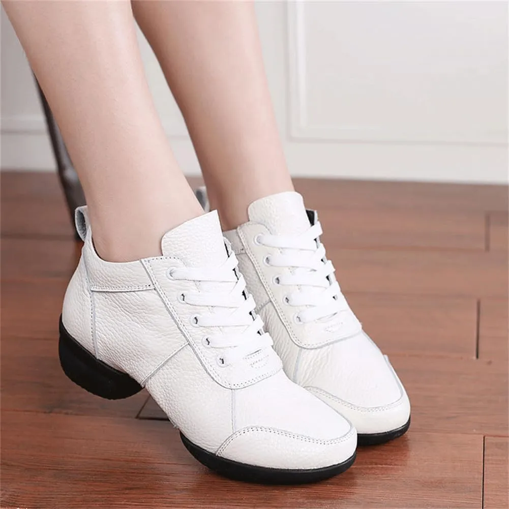 VEACAM Women's Leather Practice Dancing Shoes Split-Sole Jazz Sneakers Comfort Casual Walking Exercise Dance Shoes