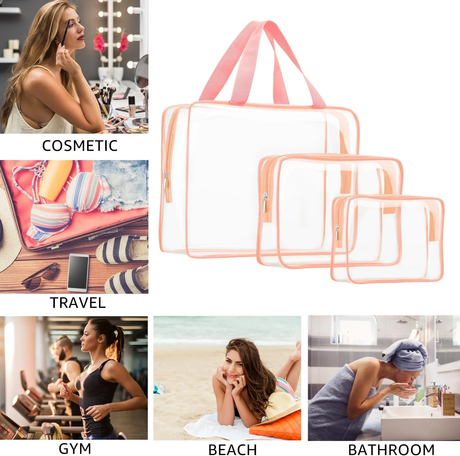 vidsel 3pcs Crystal Clear Toiletry Bag, TSA Approved Travel Bag PVC Bag, Travel Beach Essentials Accessories Cosmetic Makeup Bags Set Carry on Airport Airline Compliant Bag Luggage Pouch Women