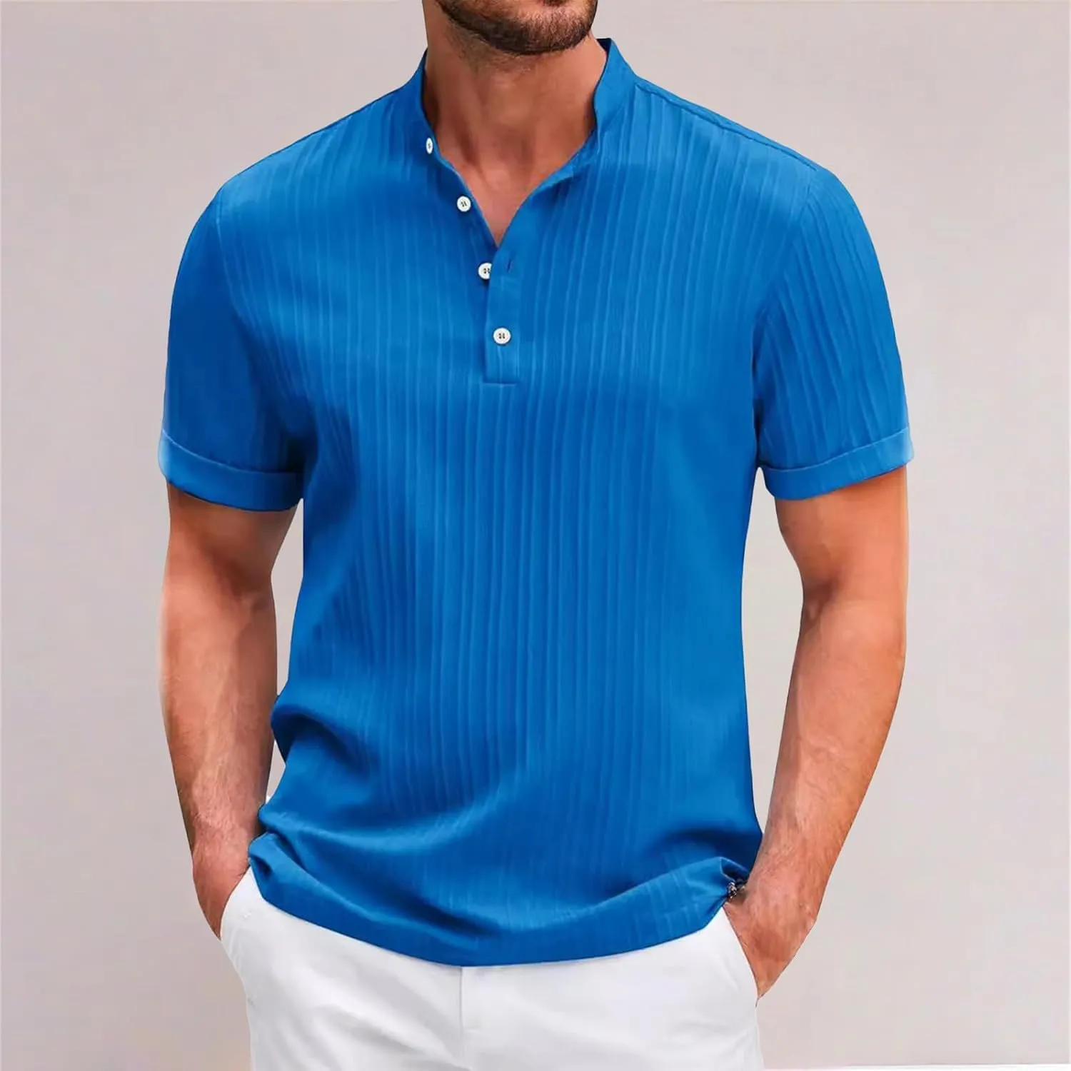 Vintage Henley Shirts for Men Cotton Linen Basic Short Sleeve Tees Baggy Striped Shirt Casual Summer Top Lightweight