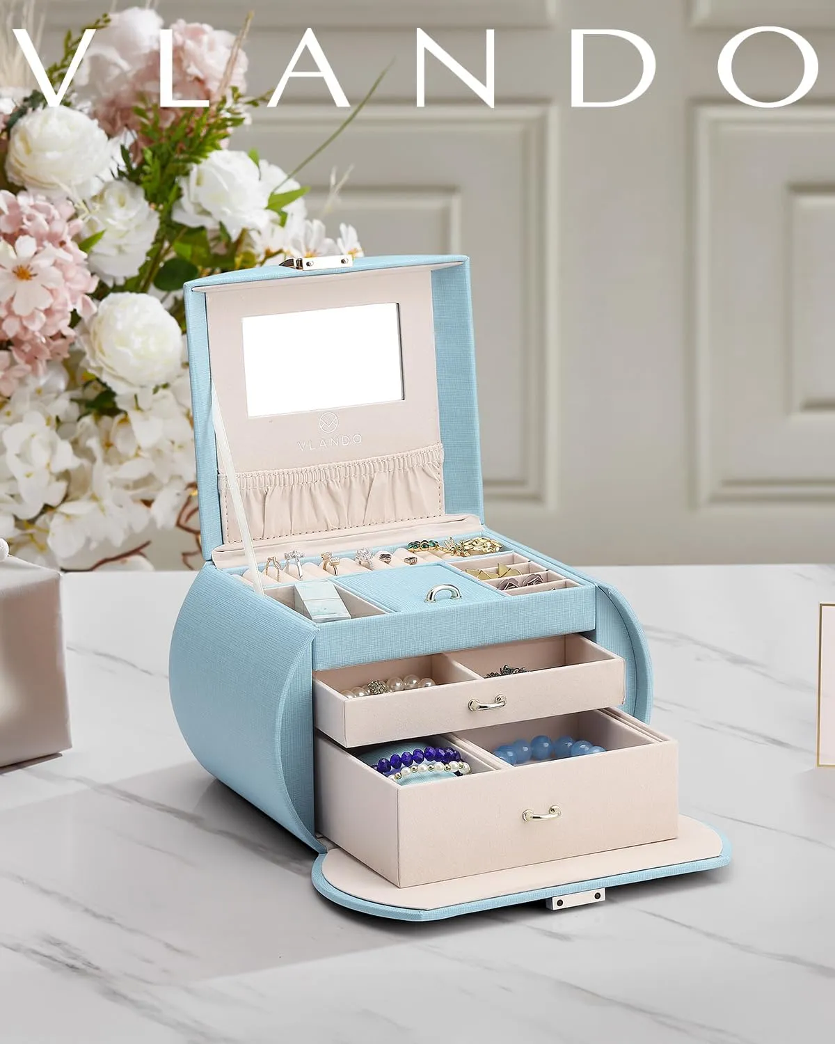 Vlando Jewelry Box for Girls Princess Style Girls Jewelry Box 3-Layer Kids Jewelry Box with Mirror Jewelry Box for Girls 8-12 Birthday Gifts for Girl (Blue)