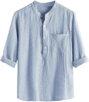 WABEOR Men's Striped Shirt Long Sleeve Summer Casual Hippie Cotton Linen Shirts Loose Fit Breathable Beach Henley T-Shirts