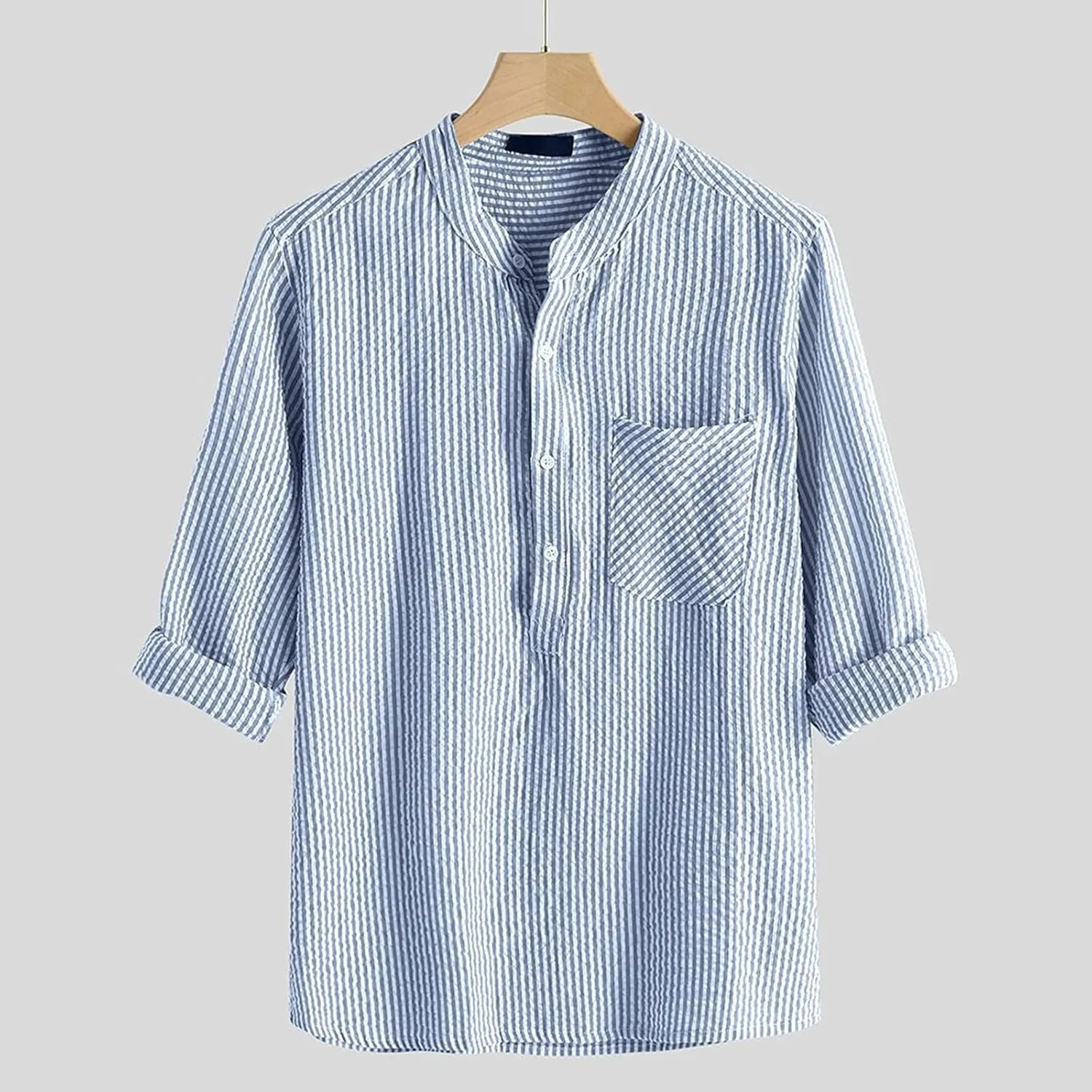 WABEOR Men's Striped Shirt Long Sleeve Summer Casual Hippie Cotton Linen Shirts Loose Fit Breathable Beach Henley T-Shirts
