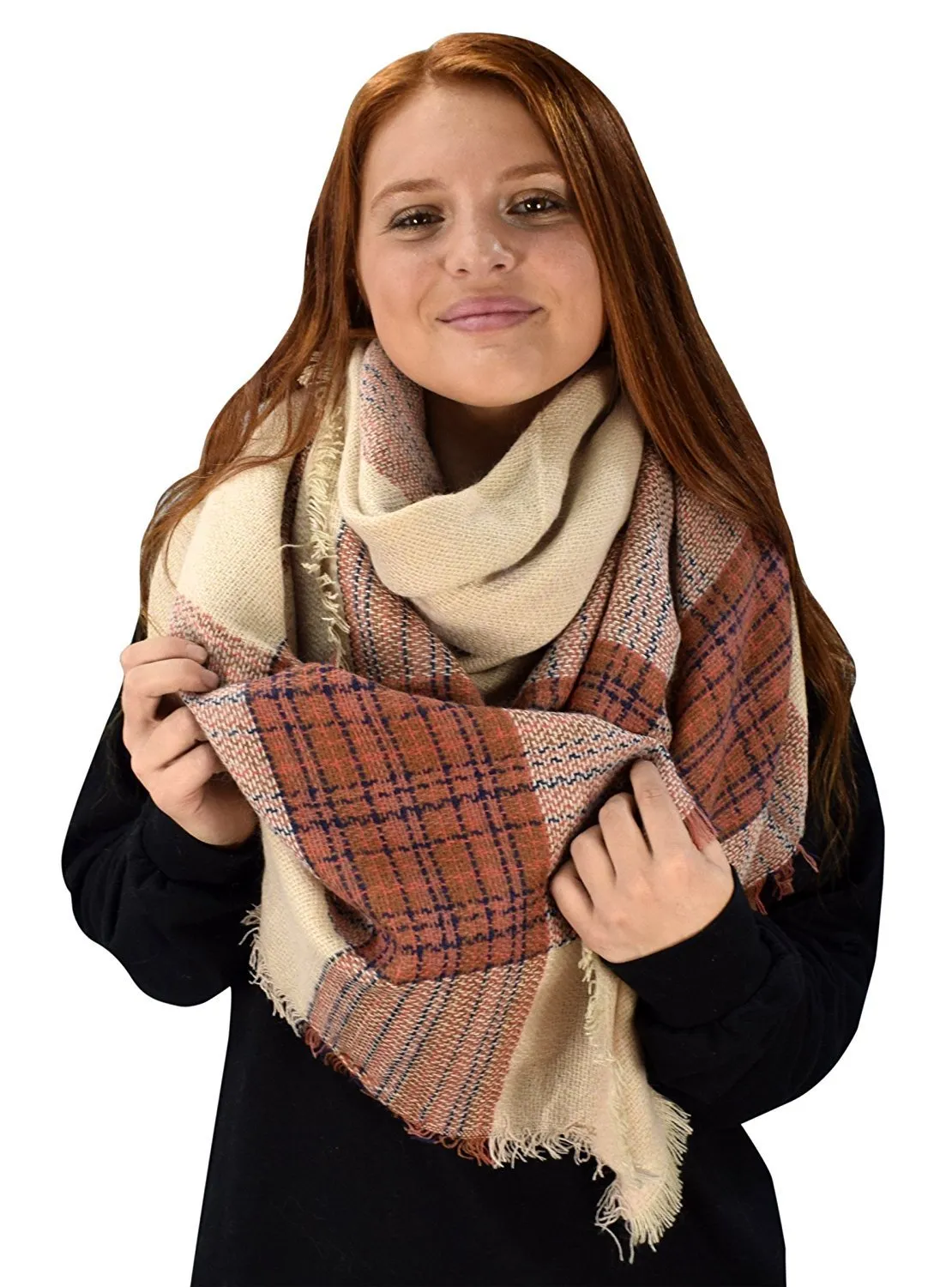 Warm Woven Oversized Striped Tartan Plaid Blanket Scarf Shawl Beige