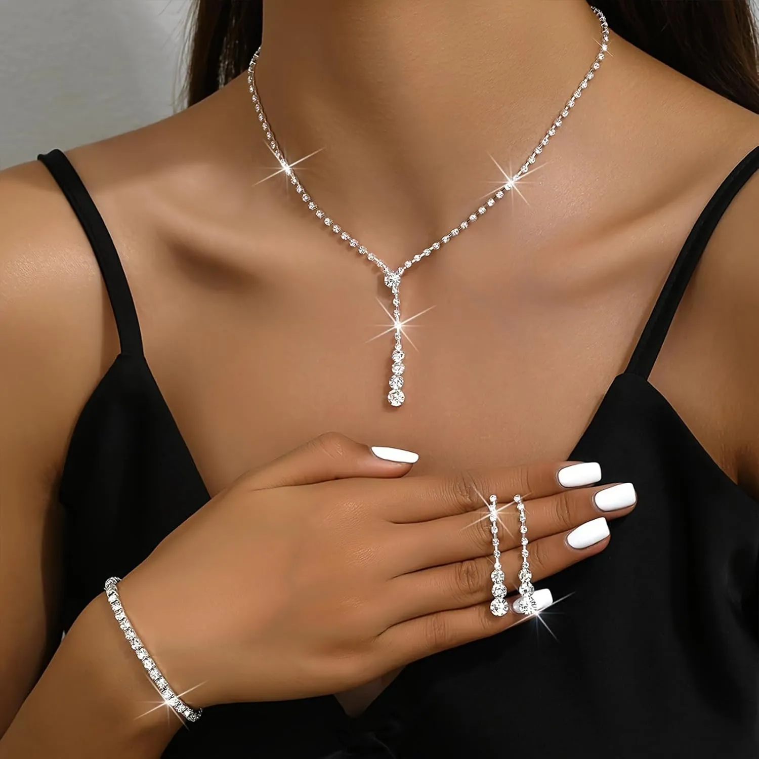 Wedding Jewelry Set for Brides Bridesmaids Silver Crystal Necklace Earrings Bracelet Sets Formal Costume Jewelry Prom Jewelry Sets for Women