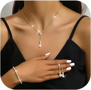 Wedding Jewelry Set for Brides Bridesmaids Silver Crystal Necklace Earrings Bracelet Sets Formal Costume Jewelry Prom Jewelry Sets for Women