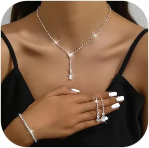 Wedding Jewelry Set for Brides Bridesmaids Silver Crystal Necklace Earrings Bracelet Sets Formal Costume Jewelry Prom Jewelry Sets for Women