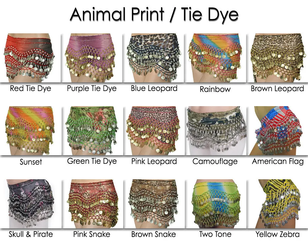 Wholesale Lot Animal Print / Tie Dye Belly Hip Scarves w/ Coins