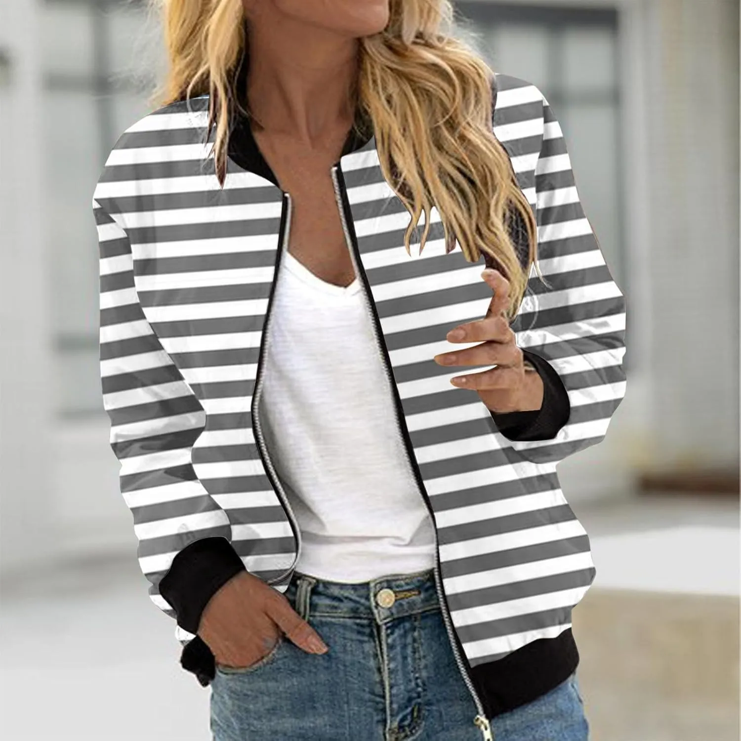 Winter Coats for Women Casual Striped Color Block Jackets Full Zip Long Sleeve Cardigan Coat with Pockets