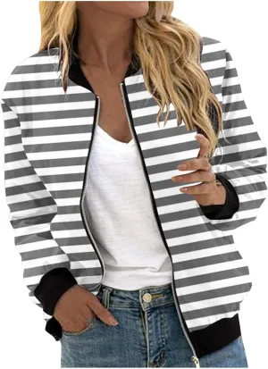 Winter Coats for Women Casual Striped Color Block Jackets Full Zip Long Sleeve Cardigan Coat with Pockets