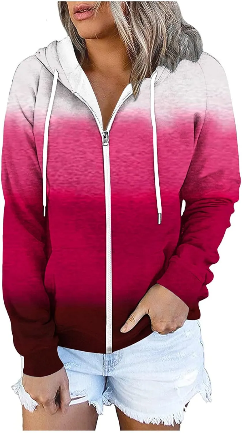 Winter Coats for Women Full Zip Drawstring Hoodies Gradient Long Sleeve Fall Jackets with Pockets Outdoor