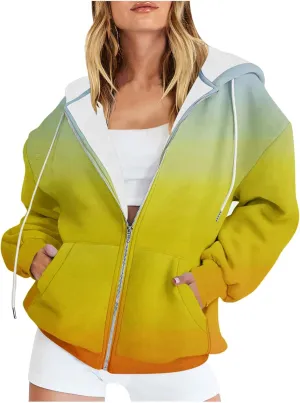 Winter Jackets for Women 2024 Fashion Gradient Cardigan Jacket Long Sleeve Drawstring Hooded Coats Zipper Pockets