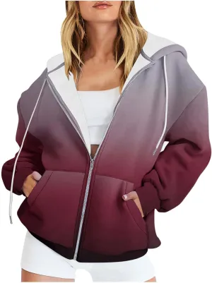 Winter Jackets for Women 2024 Fashion Gradient Cardigan Jacket Long Sleeve Drawstring Hooded Coats Zipper Pockets