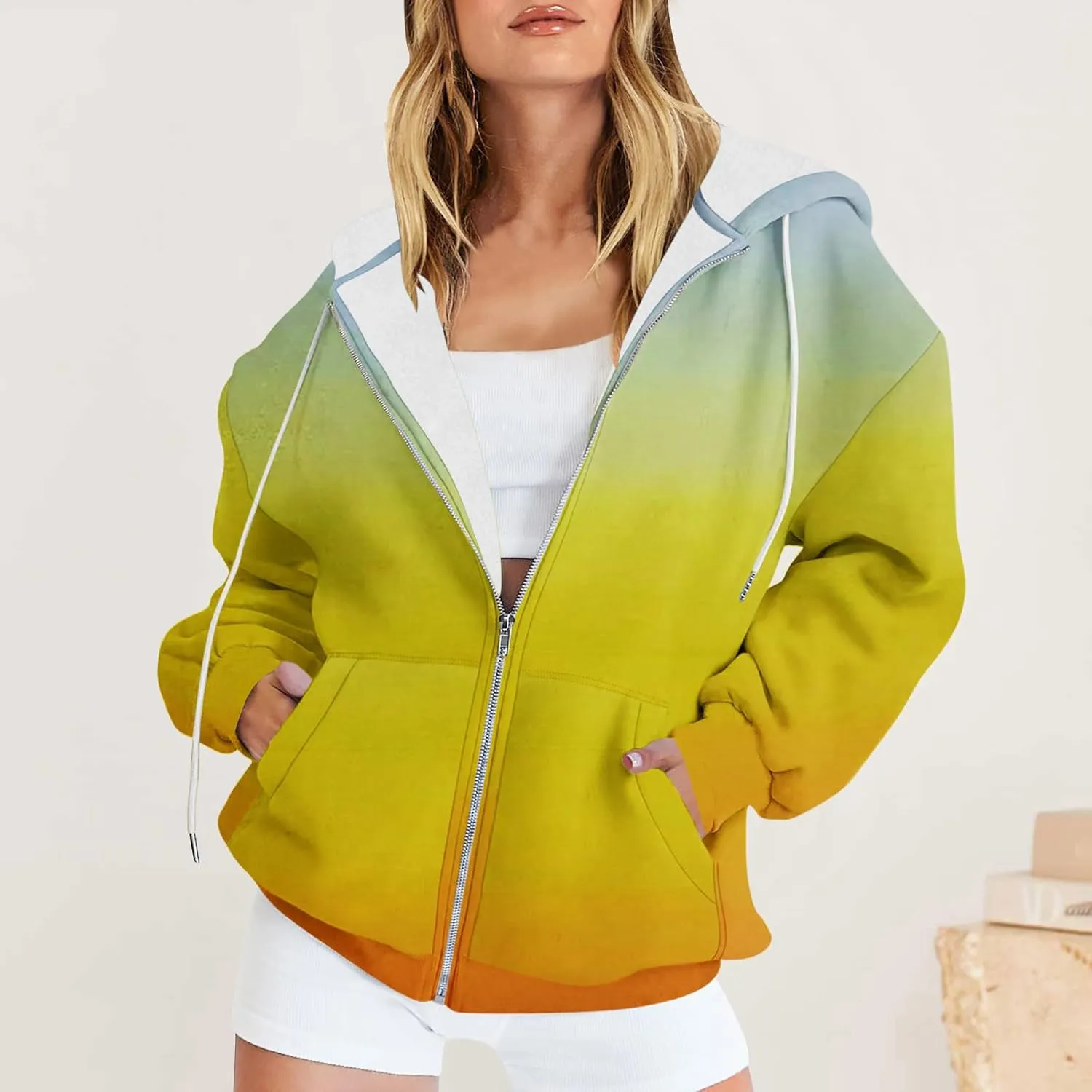 Winter Jackets for Women 2024 Fashion Gradient Cardigan Jacket Long Sleeve Drawstring Hooded Coats Zipper Pockets