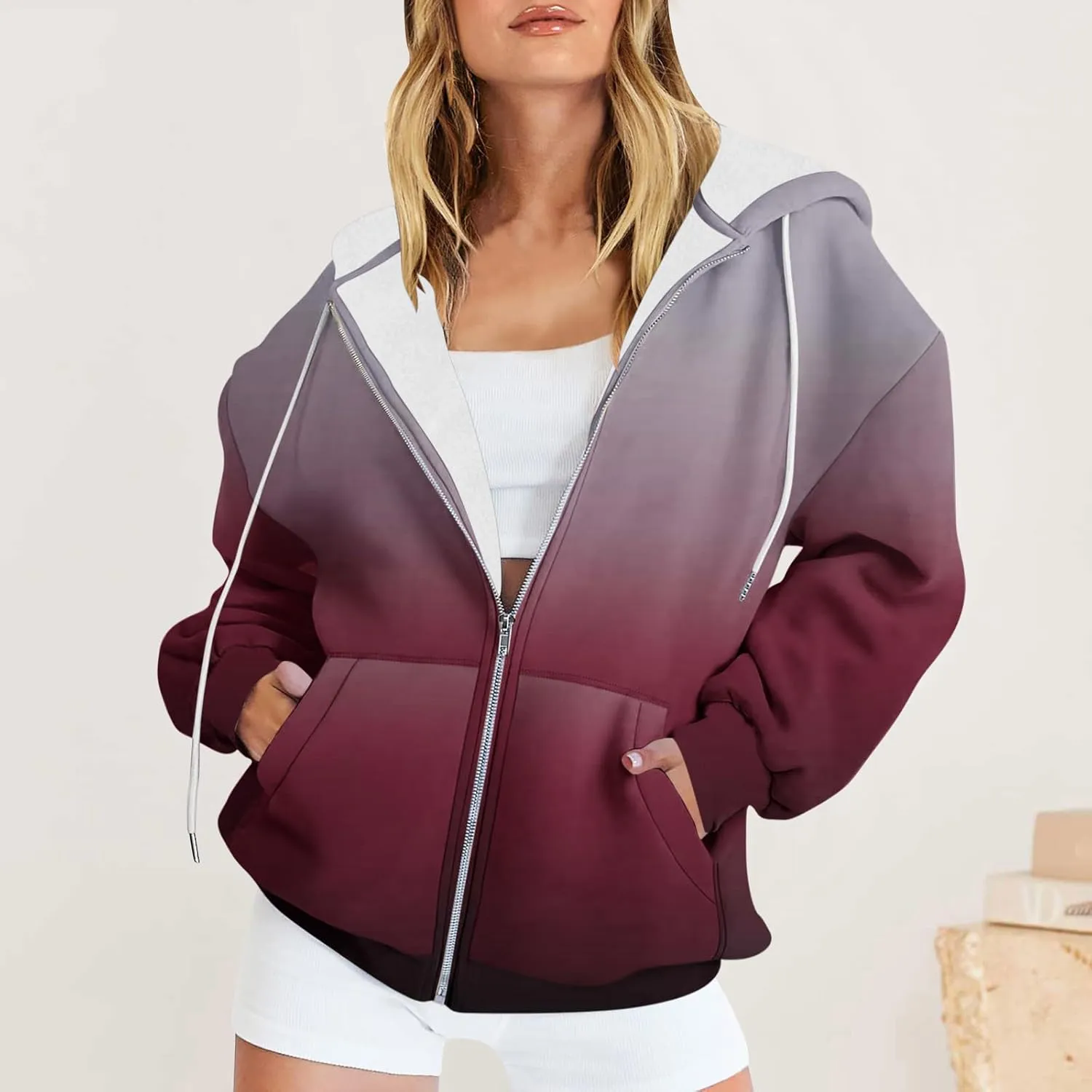 Winter Jackets for Women 2024 Fashion Gradient Cardigan Jacket Long Sleeve Drawstring Hooded Coats Zipper Pockets