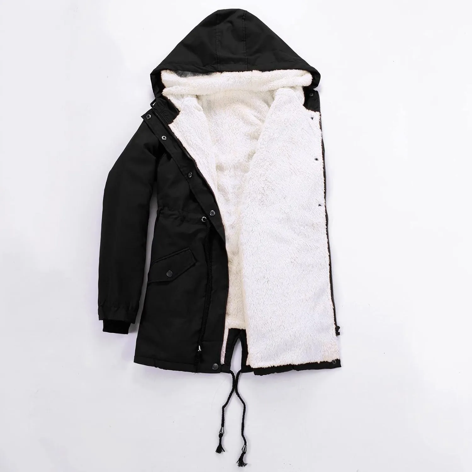 Winter Jackets for Women Drawstring Hooded Sweatshirt Coats Fuzzy Fleece Padded Slim Fit Zip Up Jacket with Pockets