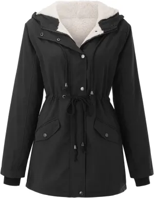 Winter Jackets for Women Drawstring Hooded Sweatshirt Coats Fuzzy Fleece Padded Slim Fit Zip Up Jacket with Pockets