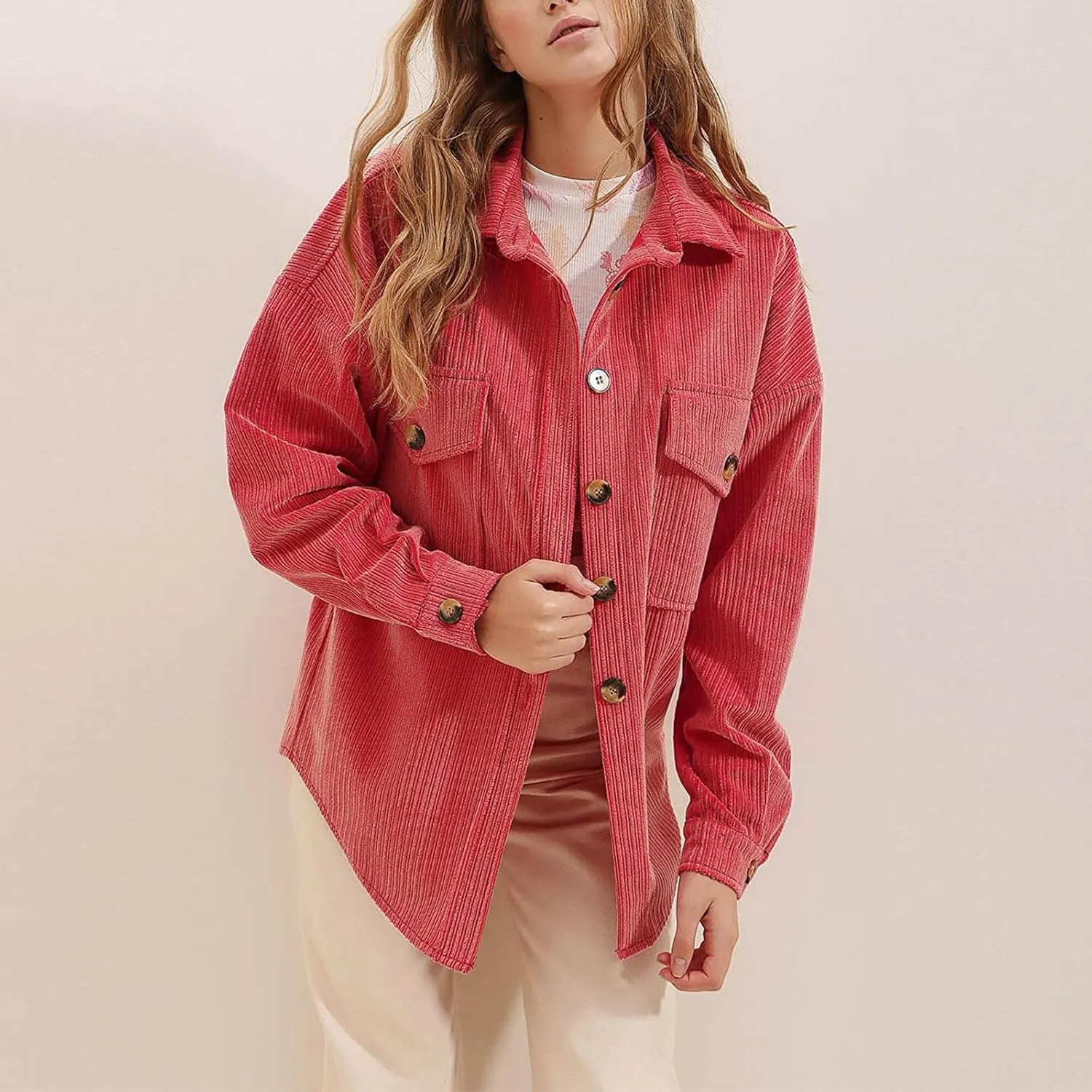 Winter Jackets for Women Turndown Neck Button Down Corduroy Coats Long Sleeve Tops with Pockets 2024 Fashion