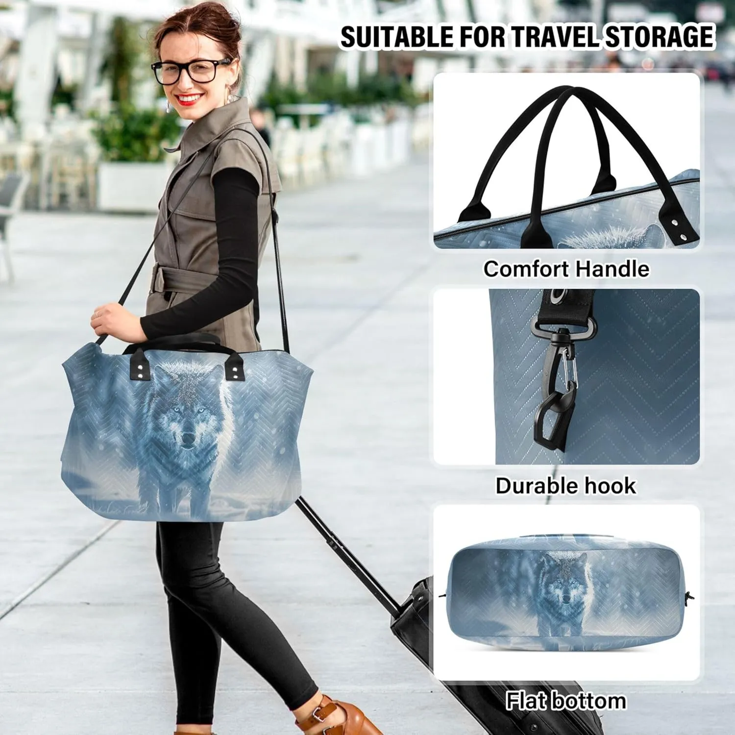 Wolf Snowfield Animal Duffle Bag for Travel Cosmetic Pouch Set of 2, Art Womens Gym Duffle Bag Weekender Travel Bag