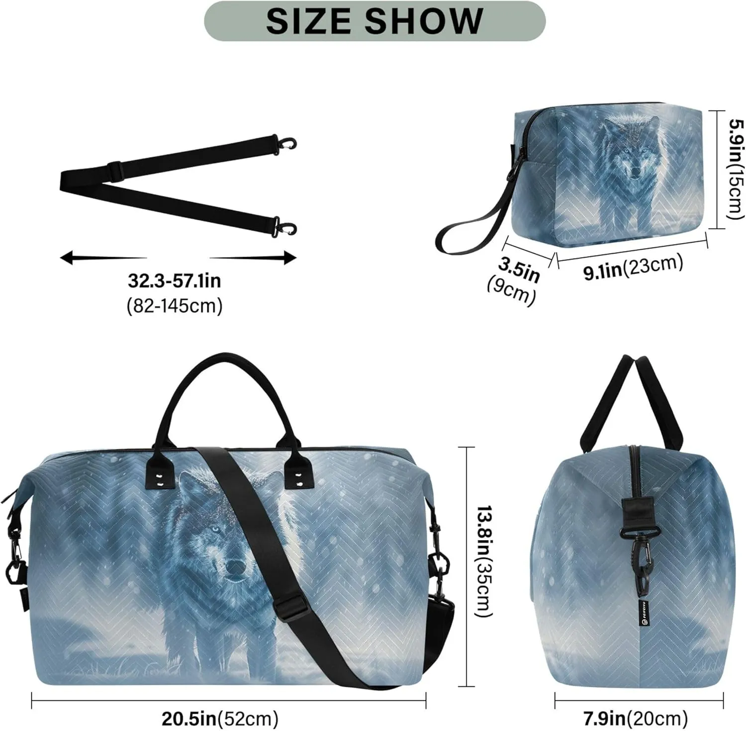 Wolf Snowfield Animal Duffle Bag for Travel Cosmetic Pouch Set of 2, Art Womens Gym Duffle Bag Weekender Travel Bag