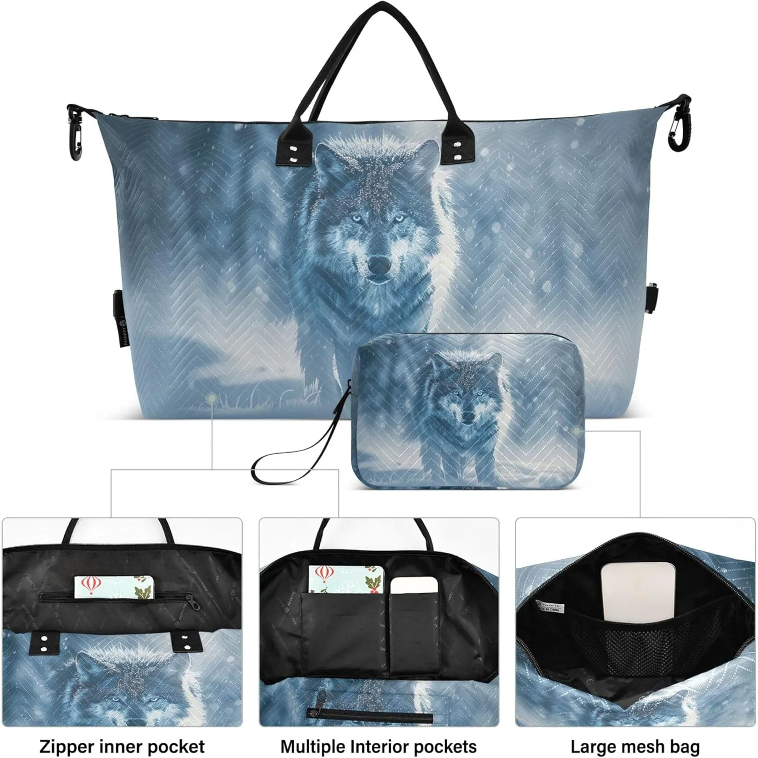 Wolf Snowfield Animal Duffle Bag for Travel Cosmetic Pouch Set of 2, Art Womens Gym Duffle Bag Weekender Travel Bag