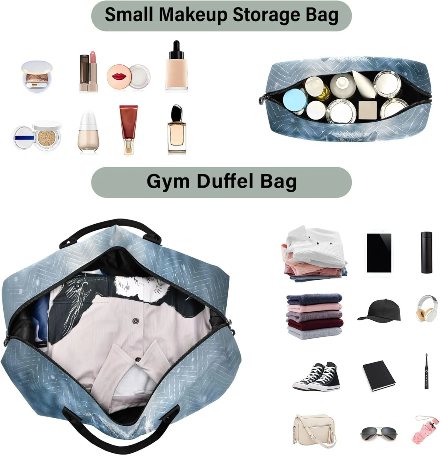 Wolf Snowfield Animal Duffle Bag for Travel Cosmetic Pouch Set of 2, Art Womens Gym Duffle Bag Weekender Travel Bag