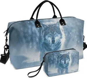 Wolf Snowfield Animal Duffle Bag for Travel Cosmetic Pouch Set of 2, Art Womens Gym Duffle Bag Weekender Travel Bag
