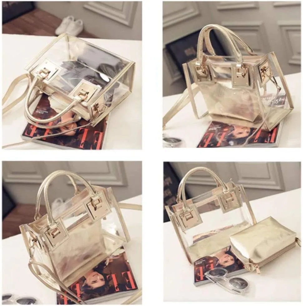 Women 2 Pcs Small Clear Tote Beach Shoulder Top-handle Bag PVC Transparent Satchel Handbag Purse