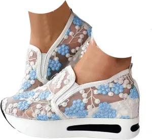 Women Orthopedic Shoes 2025 Floral Embroidery Breathable Comfortable Slip On Platform Wedges Soft Soled Ladies Lightweight Fashionable Outdoor Sheer Lace Mesh Casual Retro Walking Sneakers