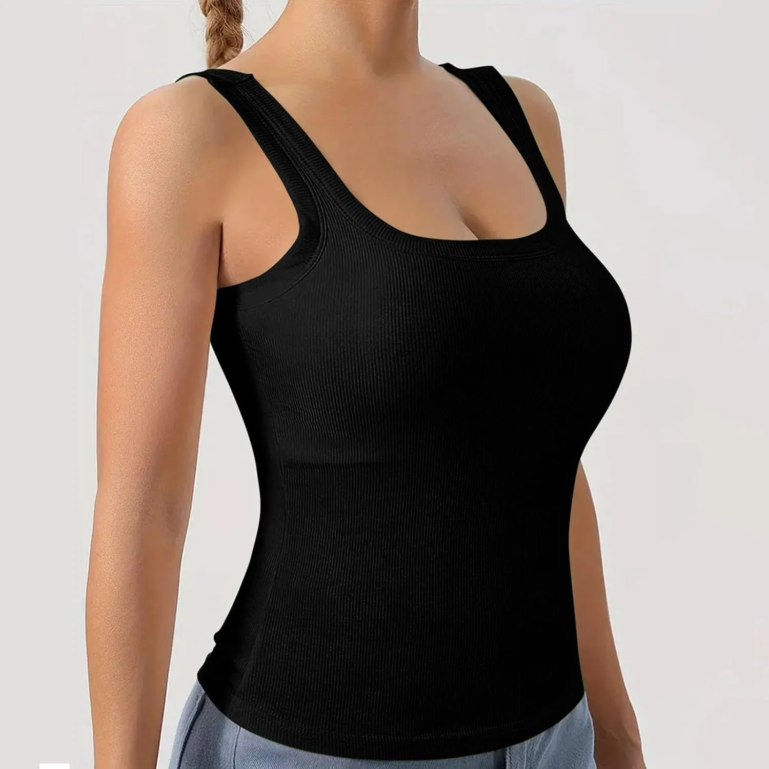 Women Tank Tops with Built in Bras Summer Casual Ribbed Knit Camisole U Neck Sleeveless Padded Workout Yoga Shirt