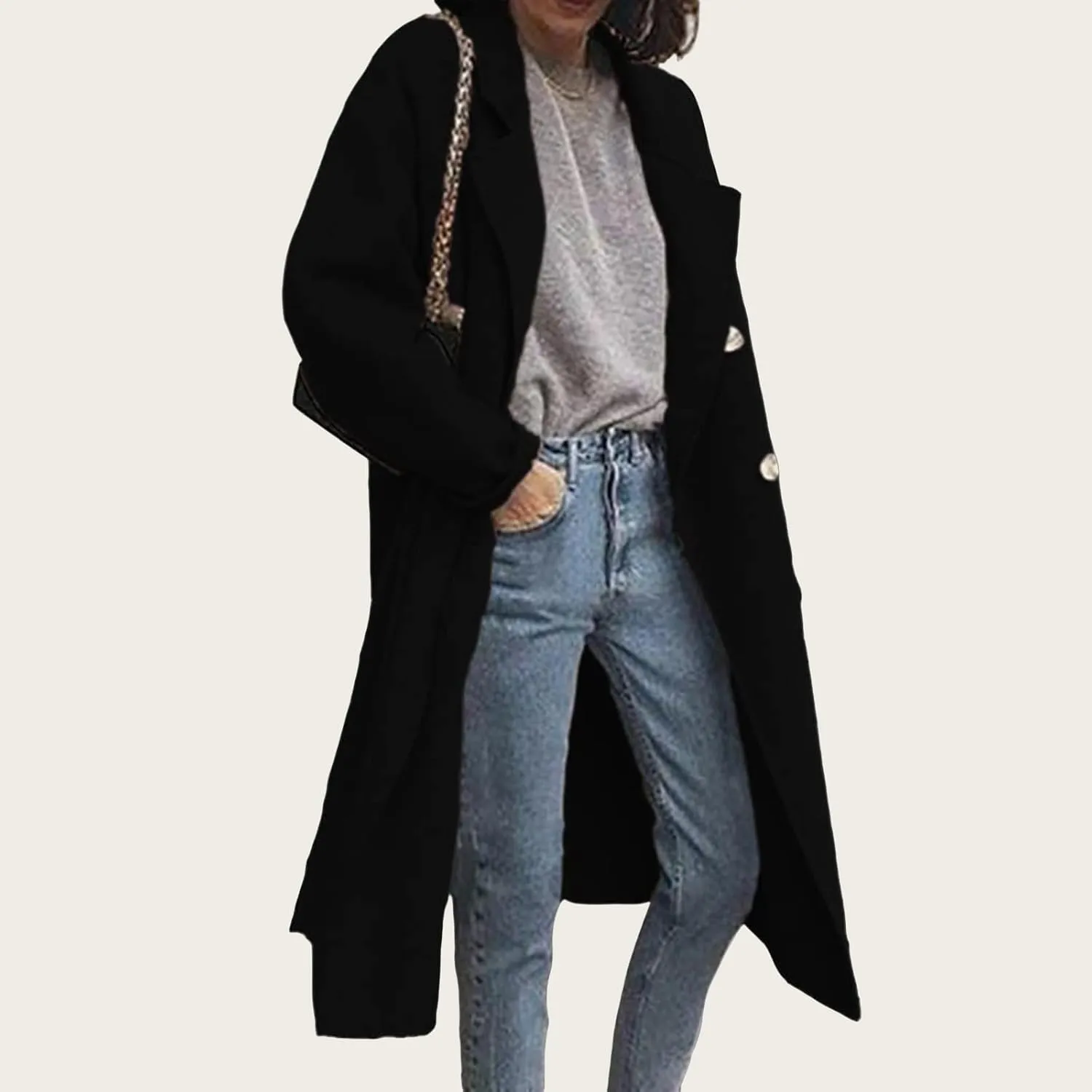 Women's Classic Double Breasted Long Wool Pea Coat Fashion Winter Trench Windproof Coats