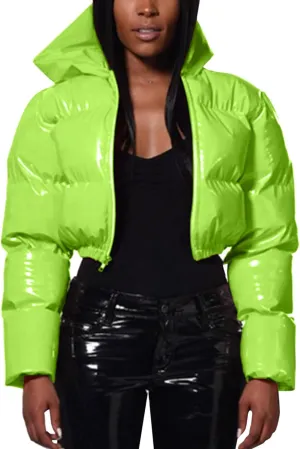 Women's Coat Ladies Autumn And Winter Warm Short Shiny Padded Hooded Leather Jacket Womens Jackets
