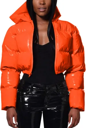 Women's Coat Ladies Autumn And Winter Warm Short Shiny Padded Hooded Leather Jacket Womens Jackets