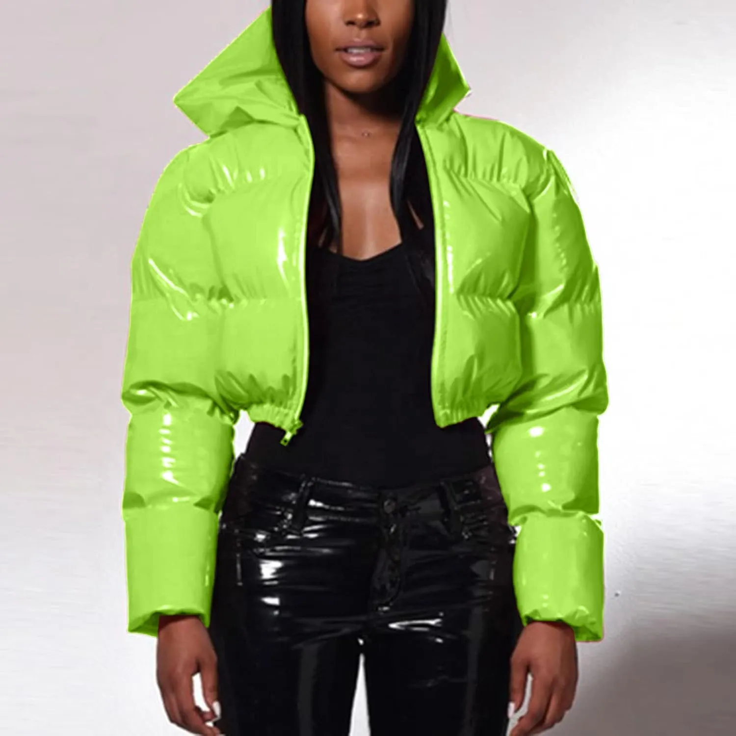 Women's Coat Ladies Autumn And Winter Warm Short Shiny Padded Hooded Leather Jacket Womens Jackets