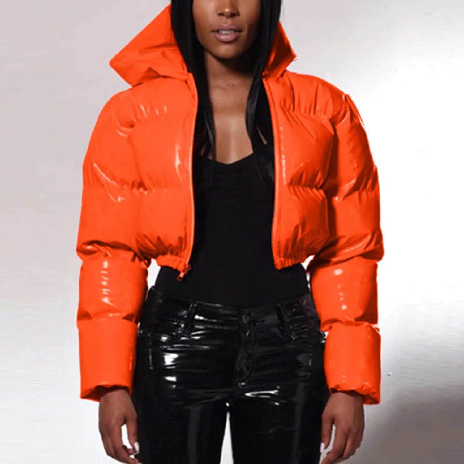 Women's Coat Ladies Autumn And Winter Warm Short Shiny Padded Hooded Leather Jacket Womens Jackets