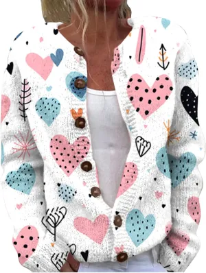 Womens Cute Heart Cardigan Sweaters Sweaters for Women 2025 Trendy Love Heart Button Down Long Sleeve Oversized Coat
