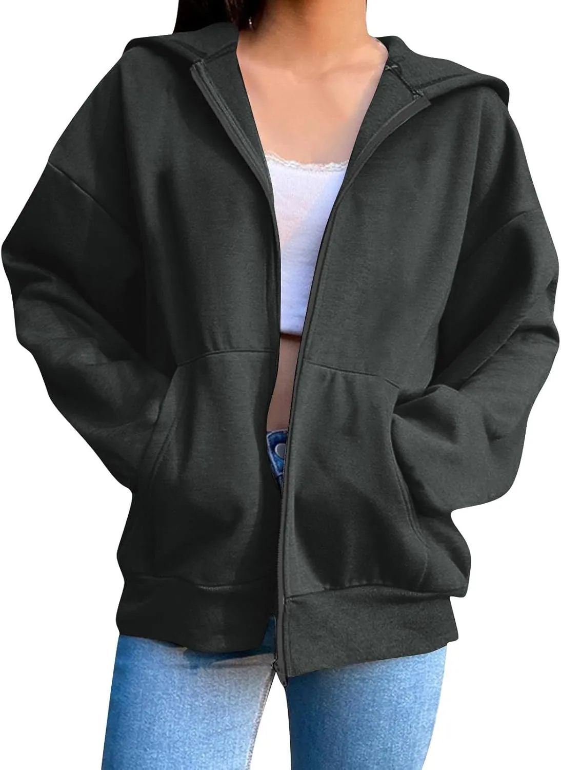 Womens Fall Hoodies Pullover Full Zip Up Jacket Casual Long Sleeve Hooded Sweatshirt with Pockets Fall Oversized Tops
