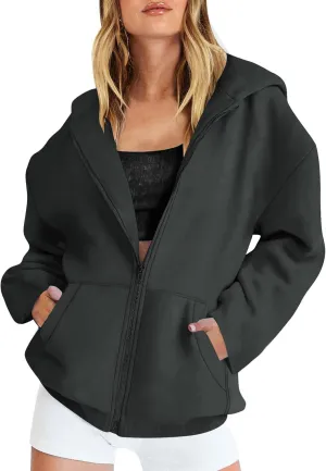 Womens Fall Hoodies Pullover Full Zip Up Jacket Casual Long Sleeve Hooded Sweatshirt with Pockets Fall Oversized Tops