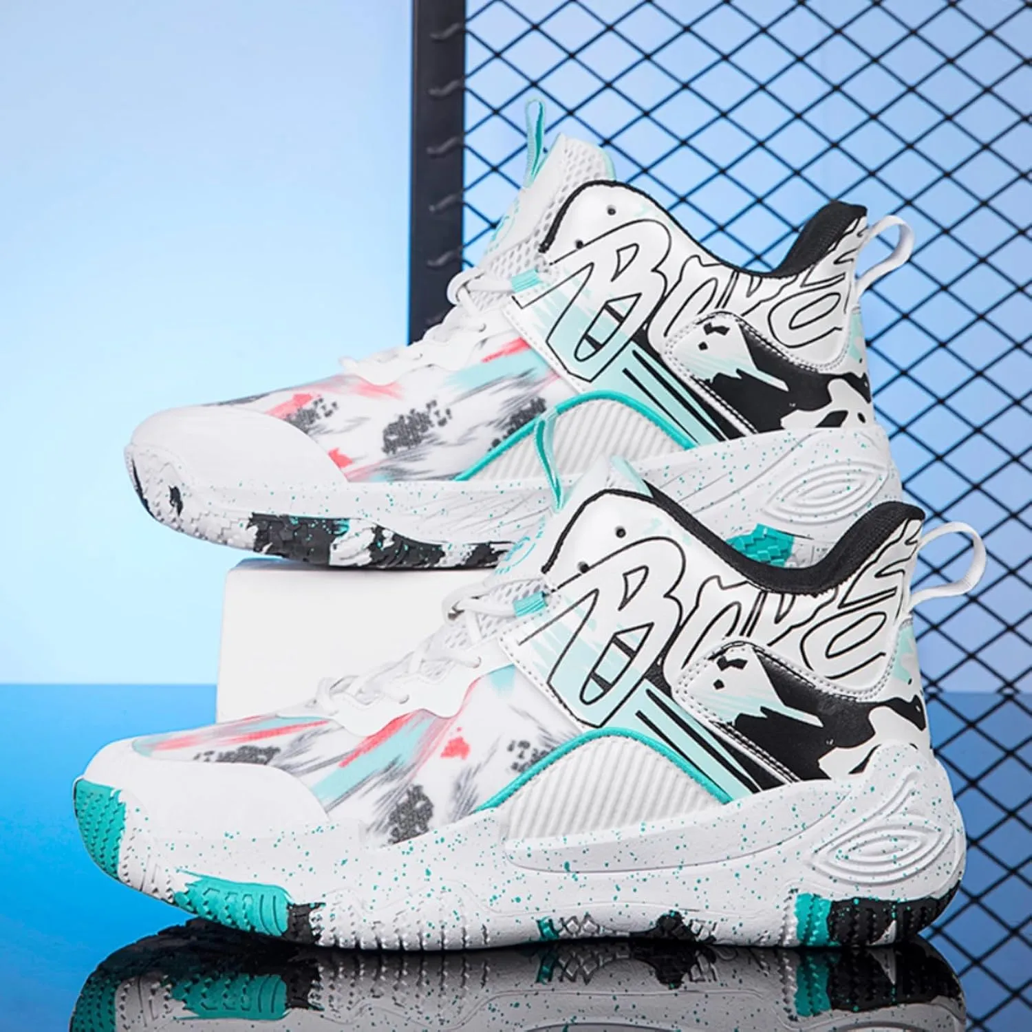 Womens Fashion Pattern Lace Up High Top Basketball Shoes Breathable Non Slip Outdoor Sneakers Cushioning Workout Shoes for Fitness Training Athletic
