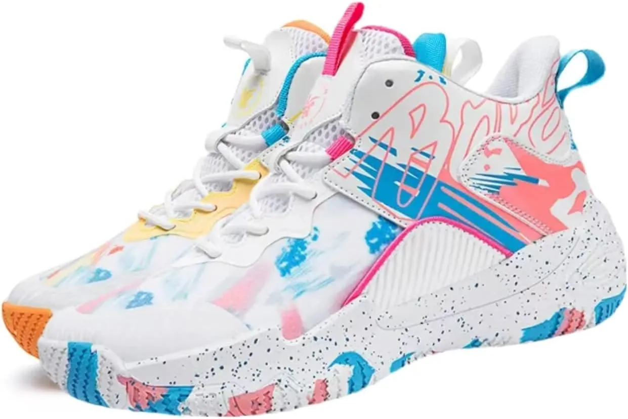 Womens Fashion Pattern Lace Up High Top Basketball Shoes Breathable Non Slip Outdoor Sneakers Cushioning Workout Shoes for Fitness Training Athletic