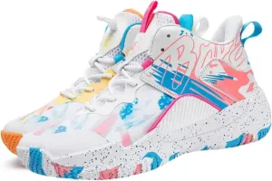 Womens Fashion Pattern Lace Up High Top Basketball Shoes Breathable Non Slip Outdoor Sneakers Cushioning Workout Shoes for Fitness Training Athletic