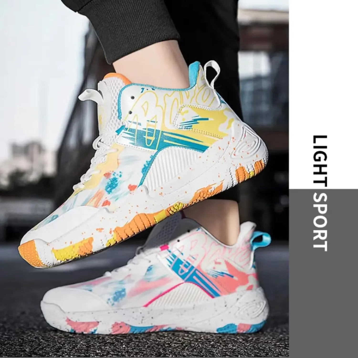 Womens Fashion Pattern Lace Up High Top Basketball Shoes Breathable Non Slip Outdoor Sneakers Cushioning Workout Shoes for Fitness Training Athletic