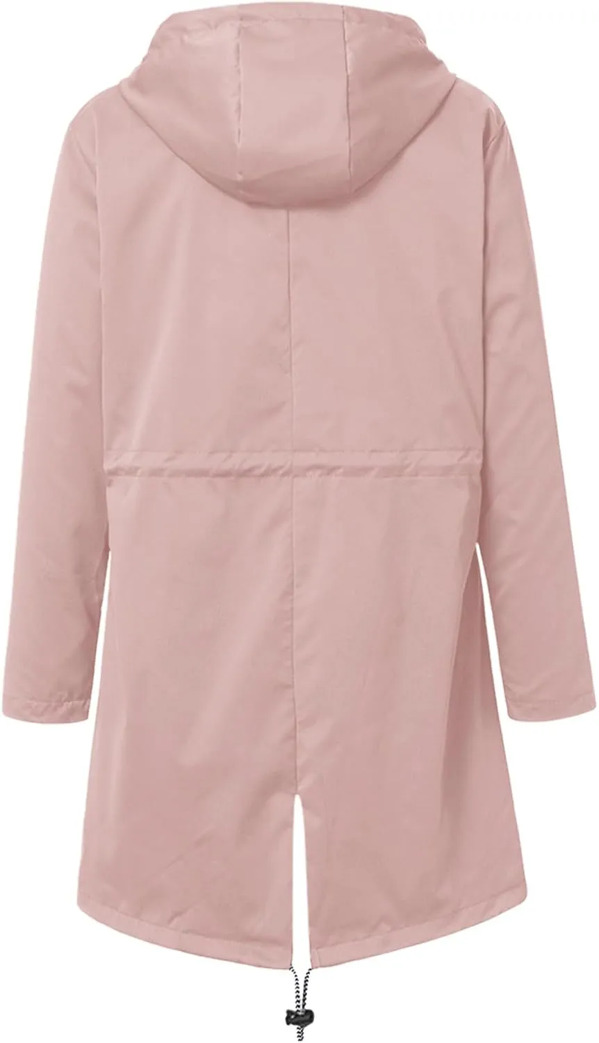 Womens Fashion Solid Zipper Rain Jacket Long Sleeve Hooded Waterproof Rain Coat Warm Comfy Soft Windbreaker with Pocket