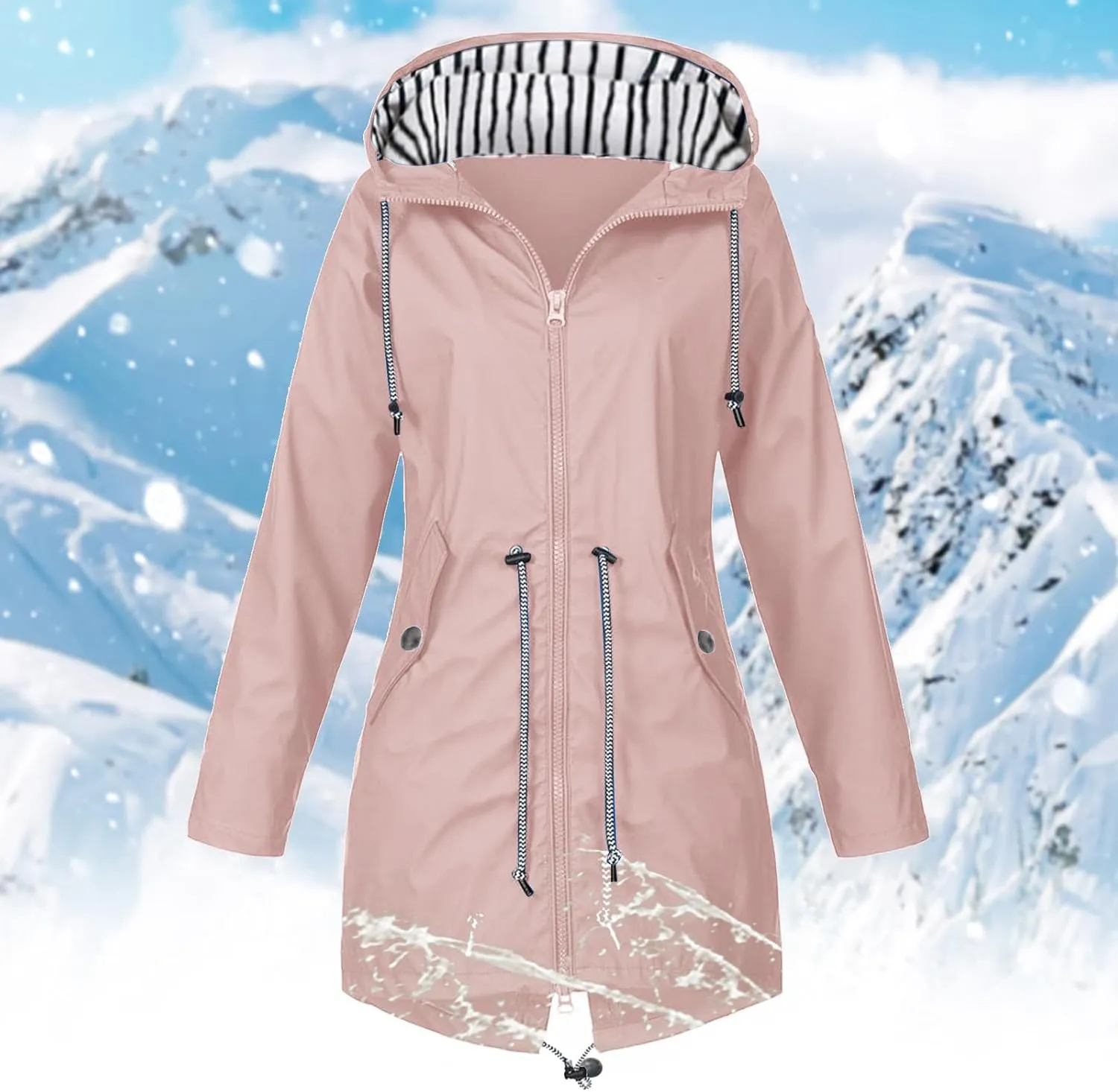 Womens Fashion Solid Zipper Rain Jacket Long Sleeve Hooded Waterproof Rain Coat Warm Comfy Soft Windbreaker with Pocket