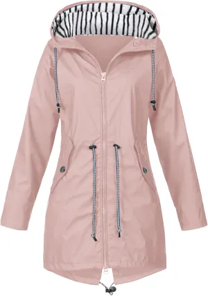Womens Fashion Solid Zipper Rain Jacket Long Sleeve Hooded Waterproof Rain Coat Warm Comfy Soft Windbreaker with Pocket